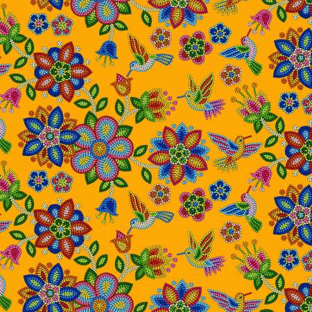 Cotton Fabric Beaded Hummingbird #640 Orange - Half Yard