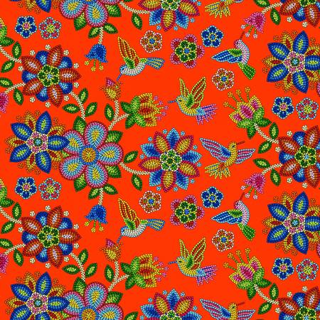 Cotton Fabric Beaded Hummingbird #640 Red - Half Yard