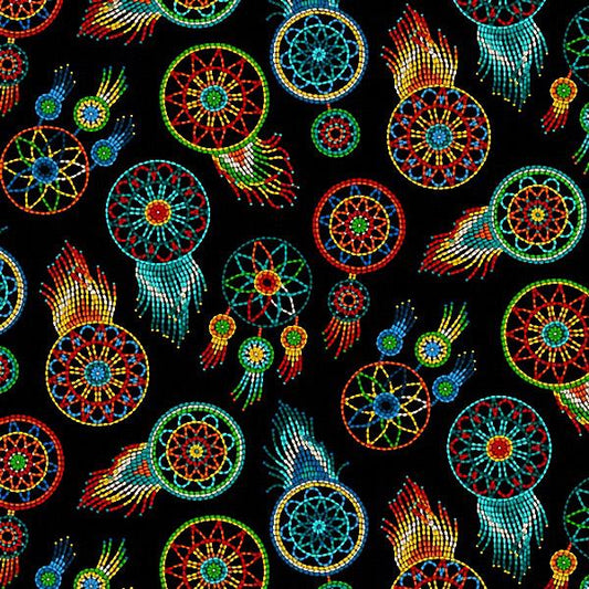Cotton Fabric Beaded Dream Catcher #537 Black - Half Yard