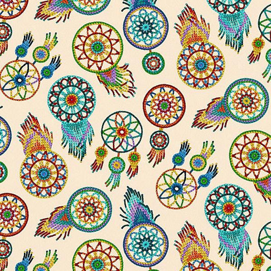 Cotton Fabric Beaded Dream Catcher #537 Cream - Half Yard