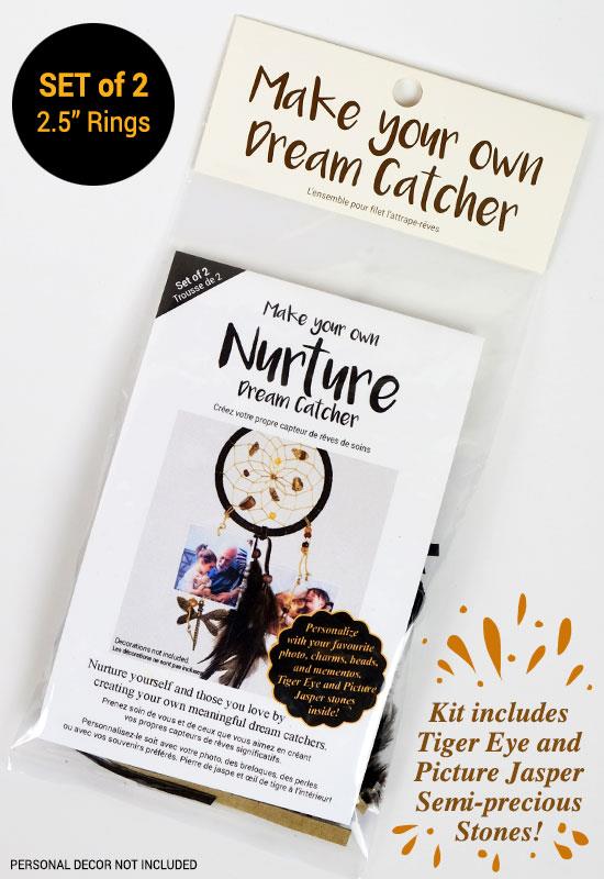Nurture dream catcher kit retail package showing natural feathers and two-ring design