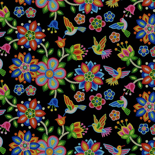 Cotton Fabric Beaded Hummingbird #640 Black - Half Yard