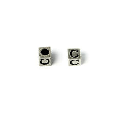 Cube 7mm, Letter "C" Ant Silver Metal Bead