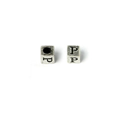 Cube 7mm, Letter "P" Ant Silver Metal Bead
