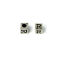 Cube 7mm, Letter "R" Ant Silver Metal Bead