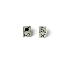 Cube 7mm, Letter "S" Ant Silver Metal Bead