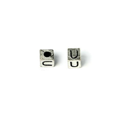 Cube 7mm, Letter "U" Ant Silver Metal Bead