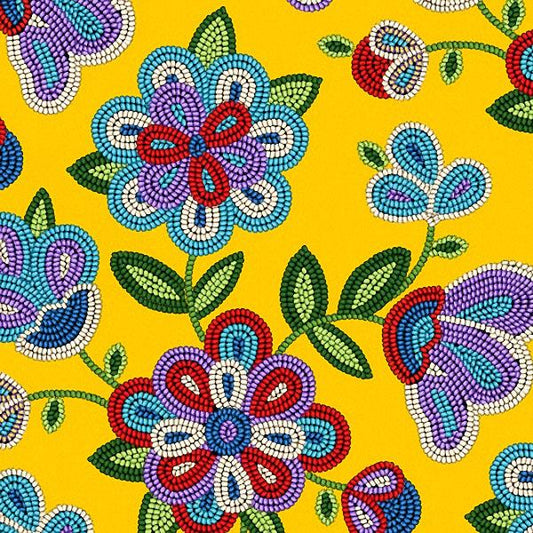 Cotton Fabric Beaded Floral #449 Gold - Half Yard