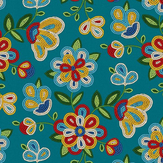 Cotton Fabric Beaded Floral #449 Turquoise - Half Yard