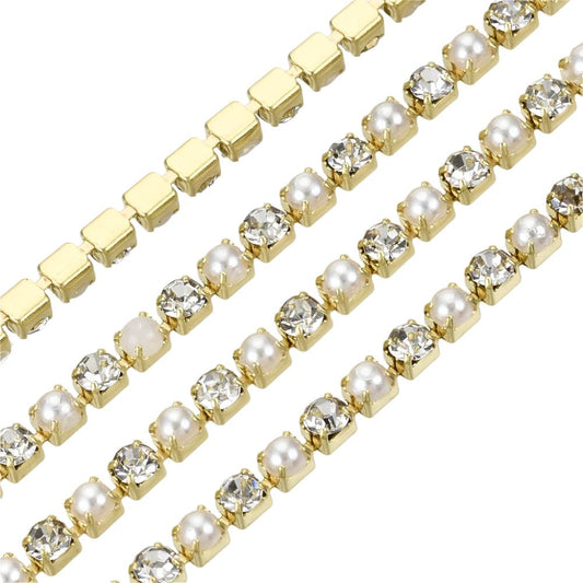 Metal 2mm Gold Pearl & Rhinestone Banding by the Yard