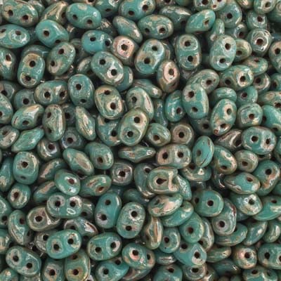 Matubo Czech Superduo Beads Turquoise Green Travertine Dark 22g