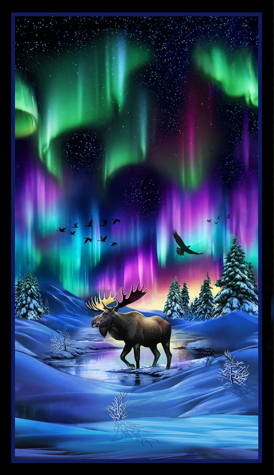 Cotton Fabric Aurora Moose #734 Black - 24" Panel
