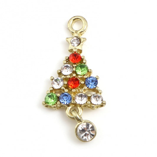 Christmas Tree Pendant 1.1″ Gold with Multi-Colour Rhinestones 2/pk