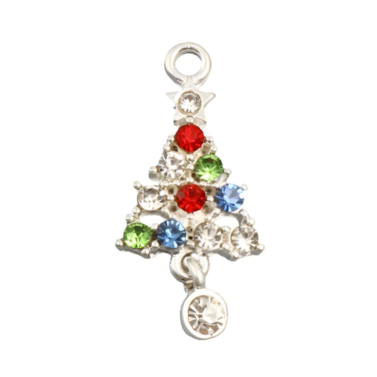 Christmas Tree Pendant 1.1″ Silver with Multi-Colour Rhinestones 2/pk