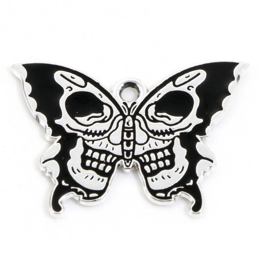 Butterfly Skulls Pendant 1.1" Black and White Enamel 2/pk