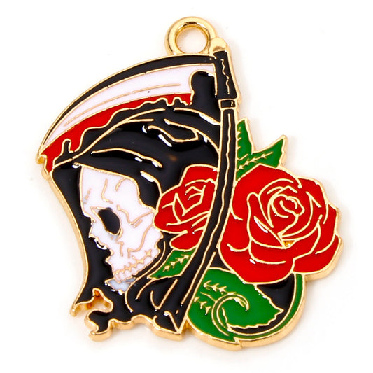 Skull Enamel Pendant 1 1/8 inch with Flowers 5/pk