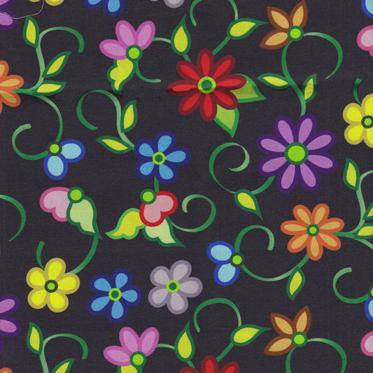 Kokum Flowers 2 Black 100% Cotton - Price Per Half Yard