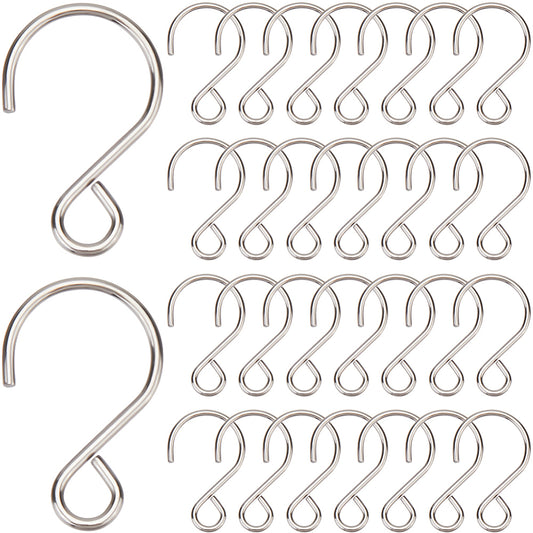 Thirty small stainless steel S-shaped ornament hooks displayed in rows