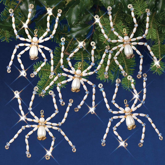 Solid Oak Nostalgic Christmas kit featuring Golden Christmas Spider ornaments with beaded bodies and wire legs