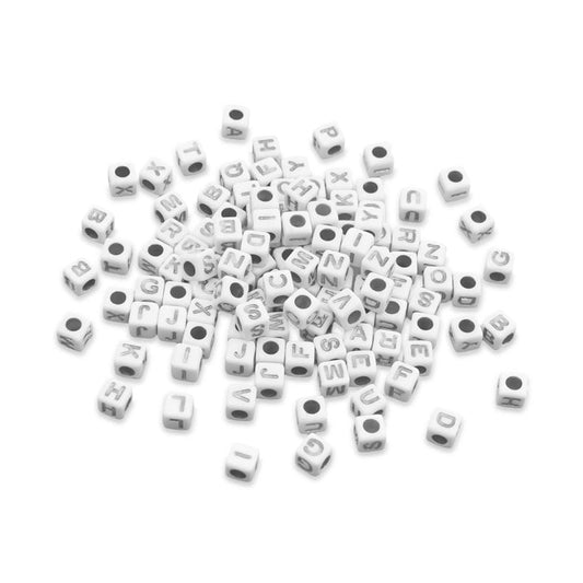 Alphabet Cube Beads 6mm White/Metallic Silver Assorted 20g