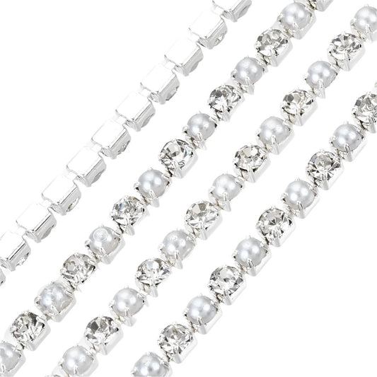 Metal 2mm Silver Pearl & Rhinestone Banding by the Yard