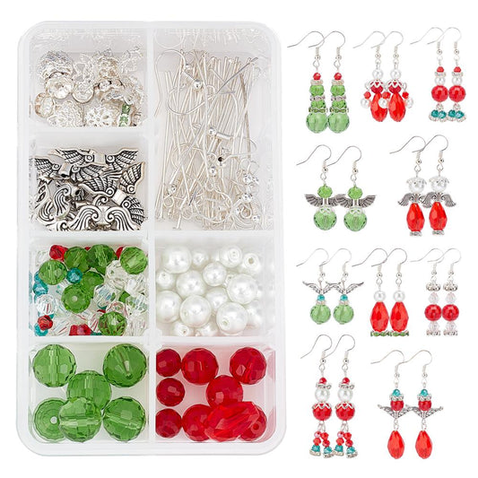 Christmas earring kit with red and green beads, metal findings and charms in a storage case
