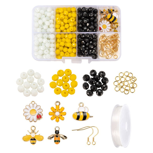 Bee and flower bracelet and earring kit with yellow, black and white beads organized in a storage case