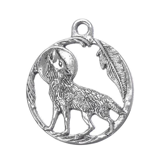 1"  Howling Wolf Round Metal Pendant 5/pk