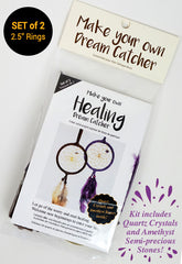 Healing dream catcher kit packaging for two small designs with purple and natural accents