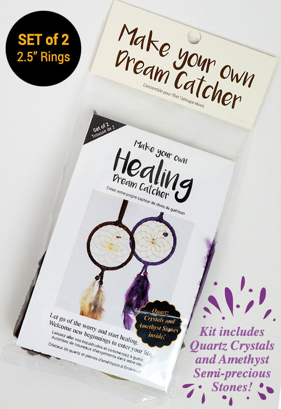 Healing dream catcher kit packaging for two small designs with purple and natural accents