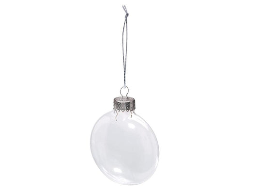 Clear flat round 8 cm plastic ornament with hanger and retail tag