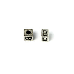Cube 7mm, Letter "B" Ant Silver Metal Bead