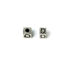 Cube 7mm, Letter "D" Ant Silver Metal Bead