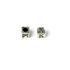 Cube 7mm, Letter "K" Ant Silver Metal Bead