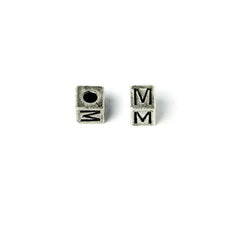 Cube 7mm, Letter "M" Ant Silver Metal Bead