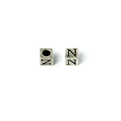 Cube 7mm, Letter "N" Ant Silver Metal Bead