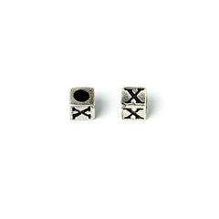 Cube 7mm, Letter "X" Ant Silver Metal Bead