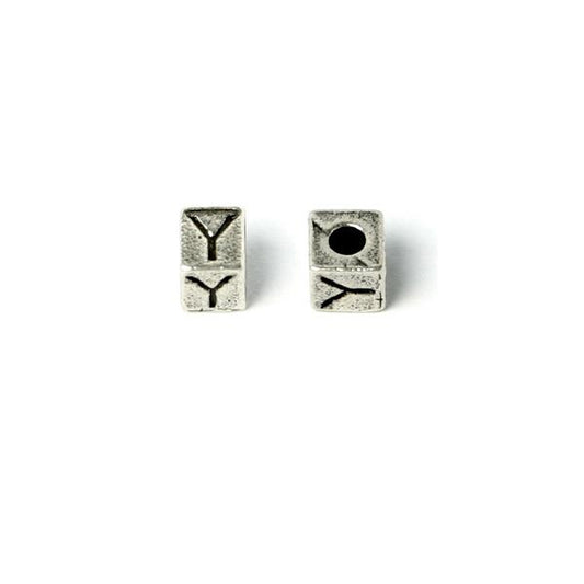 Cube 7mm, Letter "Y" Ant Silver Metal Bead