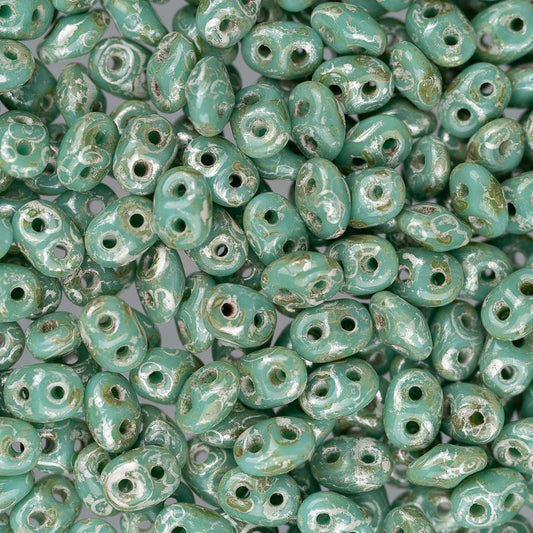 *Czech Superduo Beads 24g Turquoise Green Picasso