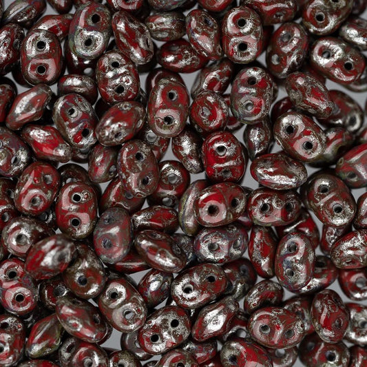 *Czech Superduo Beads 24g Coral Red Picasso