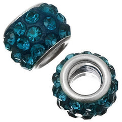 Silver Pandora Style Rhinestone Dark Aqua Metal Bead 5/pk