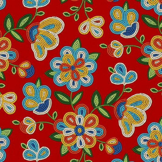 Cotton Fabric Beaded Floral #449 Red - Half Yard