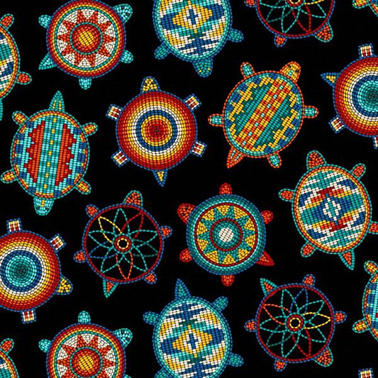 #526 Beaded Turtles Black 100% Cotton - Price Per Half Yard